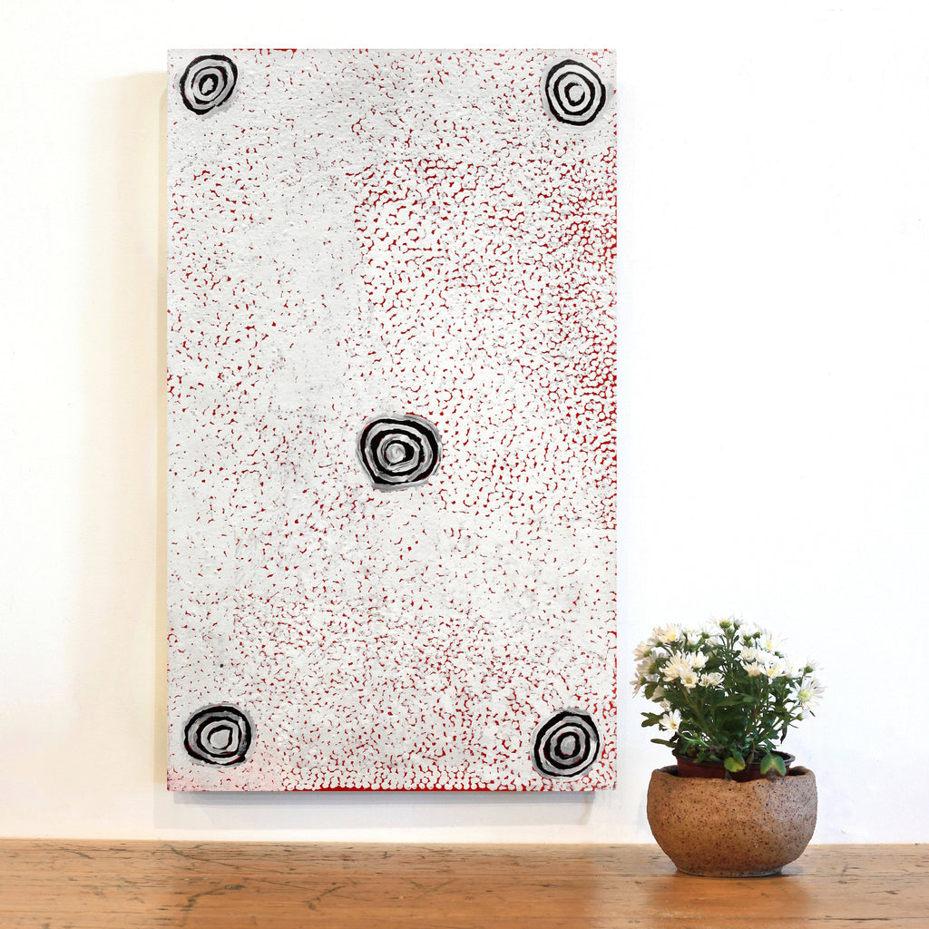 Aboriginal Artwork by Mickey Jampijinpa Singleton, Ngapa Jukurrpa, 76x46cm