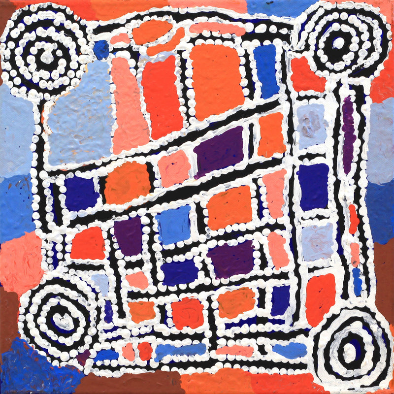 Aboriginal Artwork by Mickey Jampijinpa Singleton, Ngapa Jukurrpa (Water Dreaming) - Puyurru, 30x30cm