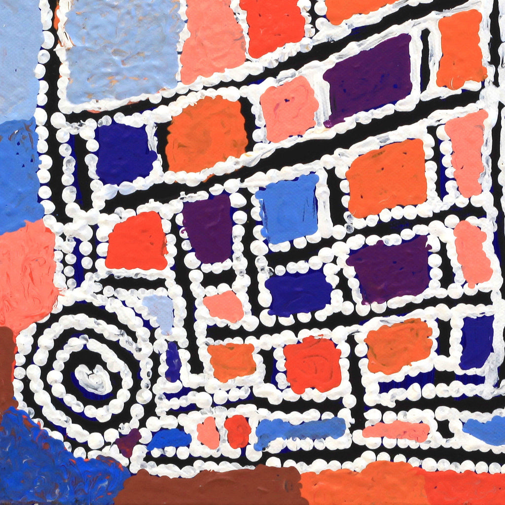 Aboriginal Artwork by Mickey Jampijinpa Singleton, Ngapa Jukurrpa (Water Dreaming) - Puyurru, 30x30cm