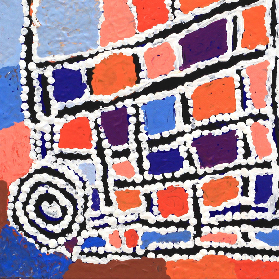 Aboriginal Artwork by Mickey Jampijinpa Singleton, Ngapa Jukurrpa (Water Dreaming) - Puyurru, 30x30cm