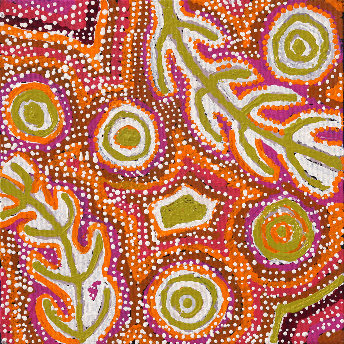 Aboriginal Art by Molly Napurrurla Martin, Yarla Jukurrpa (Bush Potato Dreaming) - Cockatoo Creek, 30x30cm - ART ARK®