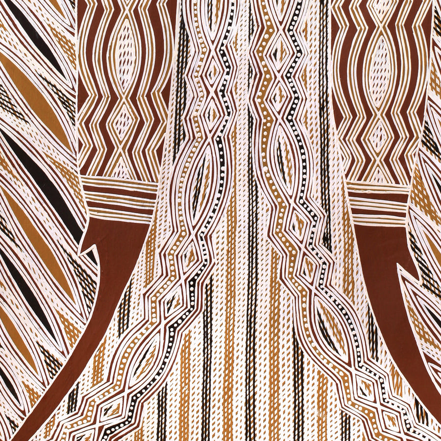 Aboriginal Artwork by Moyurrurra Wunuŋmurra Mavis, Mokumilminmi, 75x39cm Bark