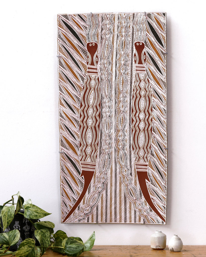 Aboriginal Artwork by Moyurrurra Wunuŋmurra Mavis, Mokumilminmi, 75x39cm Bark - ART ARK®