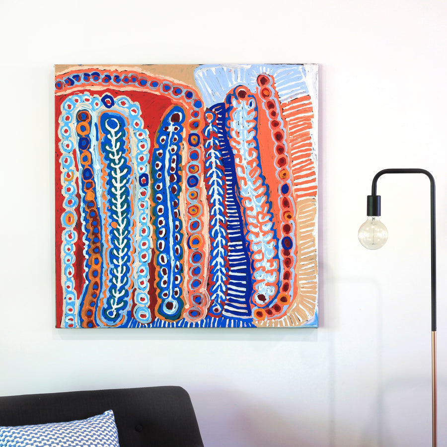 Aboriginal Artwork by Murdie Nampijinpa Morris, Malikijarra Jukurrpa, 91x91cm