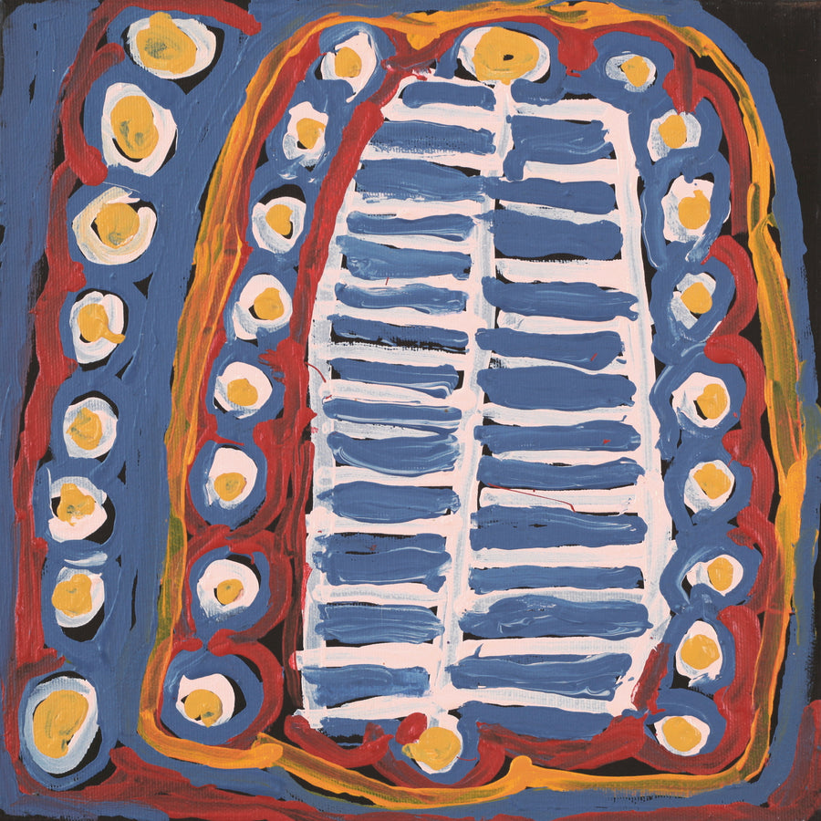 Aboriginal Artwork by Murdie Nampijinpa Morris, Malikijarra Jukurrpa, 30x30cm