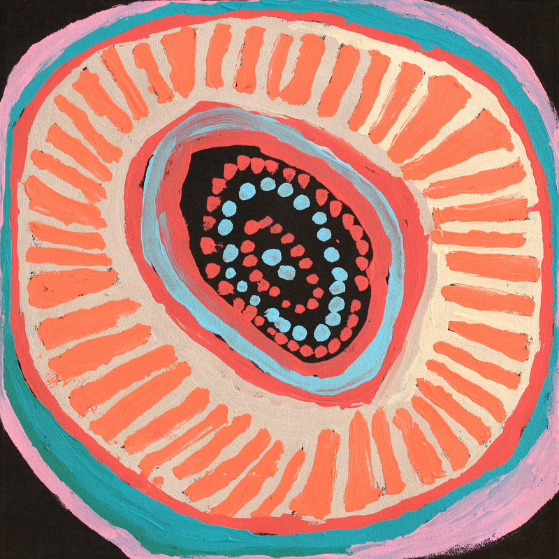 Aboriginal Artwork by Murdie Nampijinpa Morris, Malikijarra Jukurrpa, 46x46cm