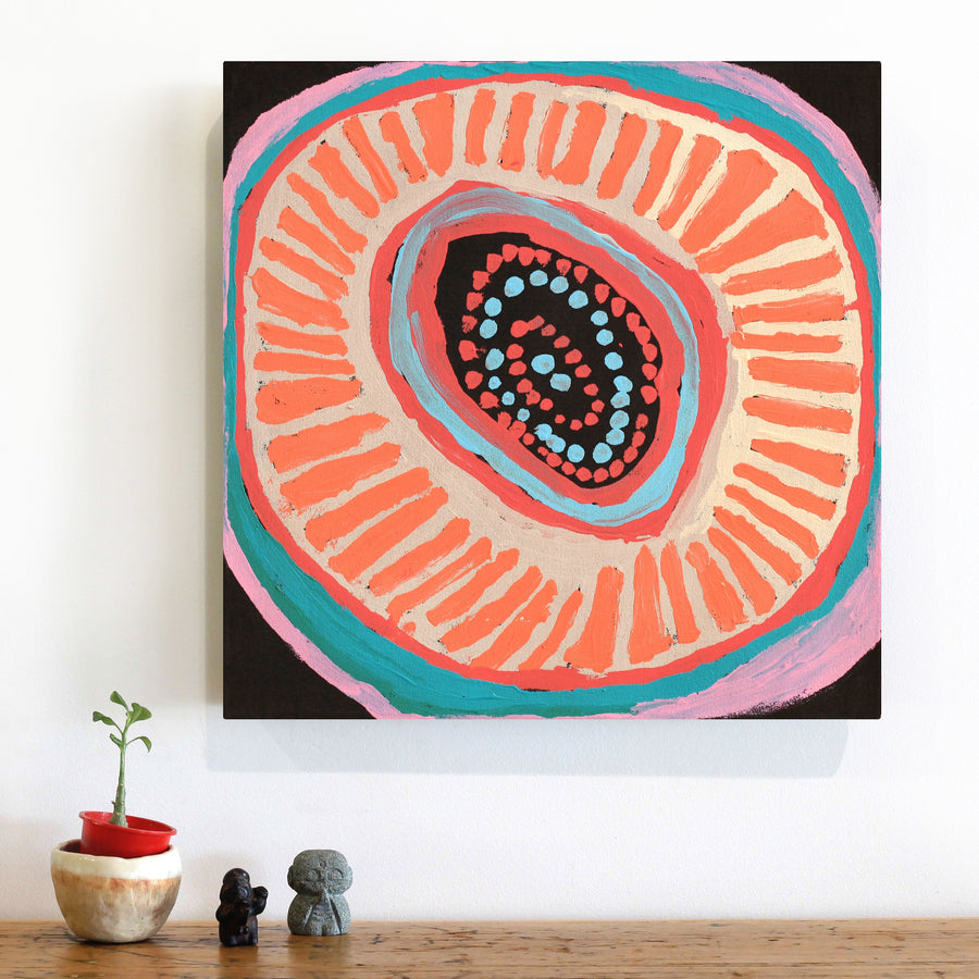 Aboriginal Artwork by Murdie Nampijinpa Morris, Malikijarra Jukurrpa, 46x46cm