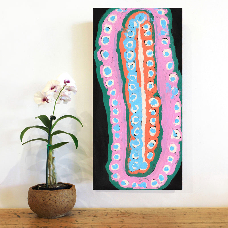 Aboriginal Artwork by Murdie Nampijinpa Morris, Malikijarra Jukurrpa, 61x30cm