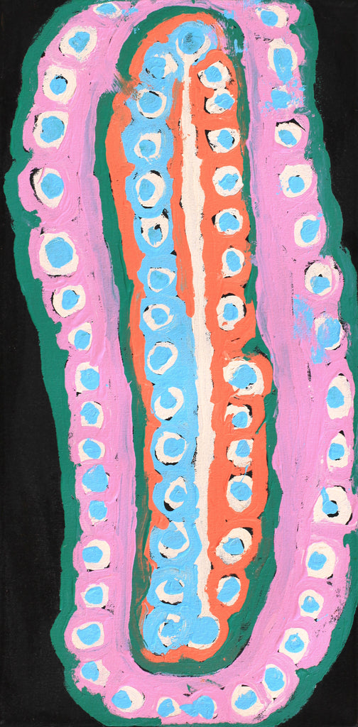 Aboriginal Artwork by Murdie Nampijinpa Morris, Malikijarra Jukurrpa, 61x30cm