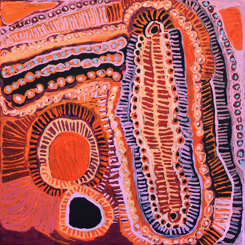 Aboriginal Artwork by Murdie Nampijinpa Morris, Malikijarra Jukurrpa, 107x107cm