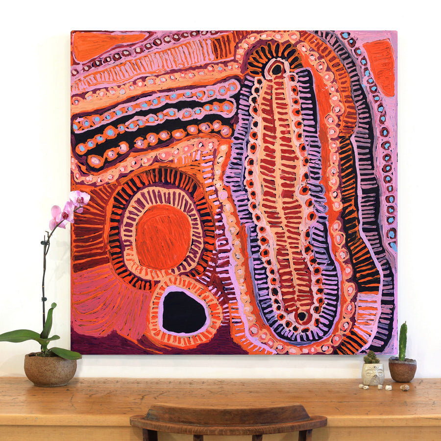 Aboriginal Artwork by Murdie Nampijinpa Morris, Malikijarra Jukurrpa, 107x107cm