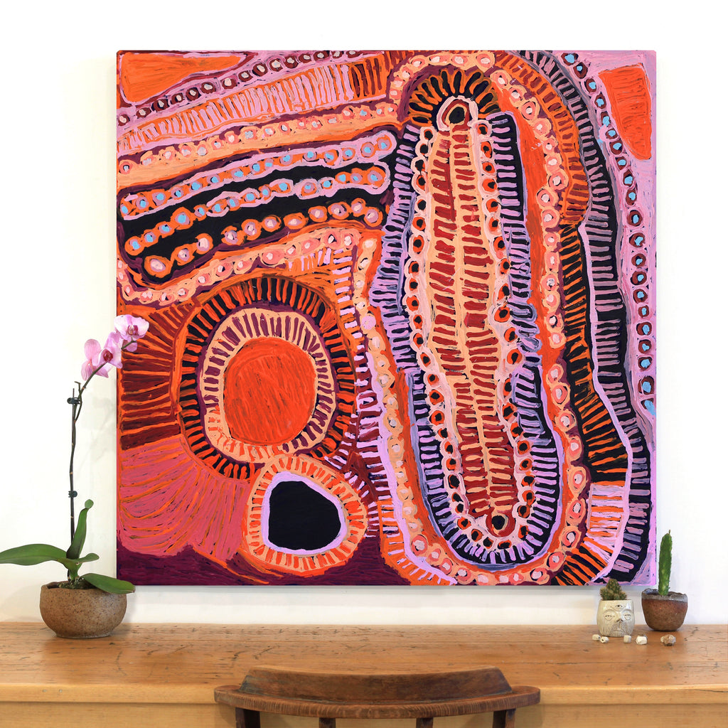 Aboriginal Art by Murdie Nampijinpa Morris, Malikijarra Jukurrpa, 107x107cm - ART ARK®