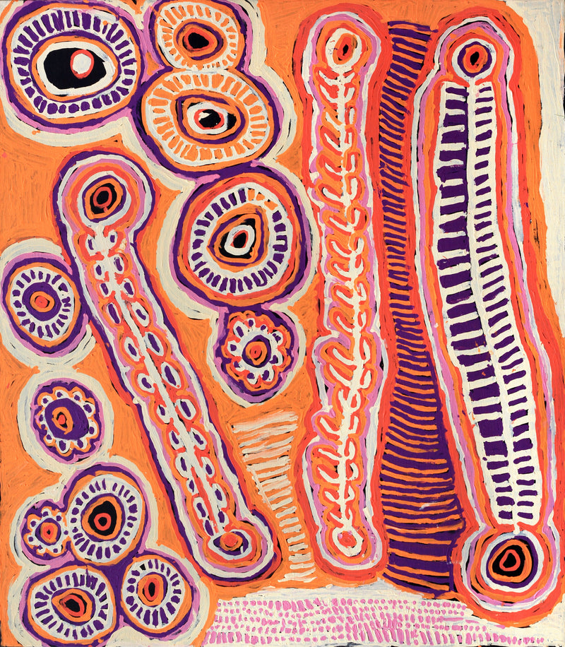 Aboriginal Artwork by Murdie Nampijinpa Morris, Malikijarra Jukurrpa, 122x107cm