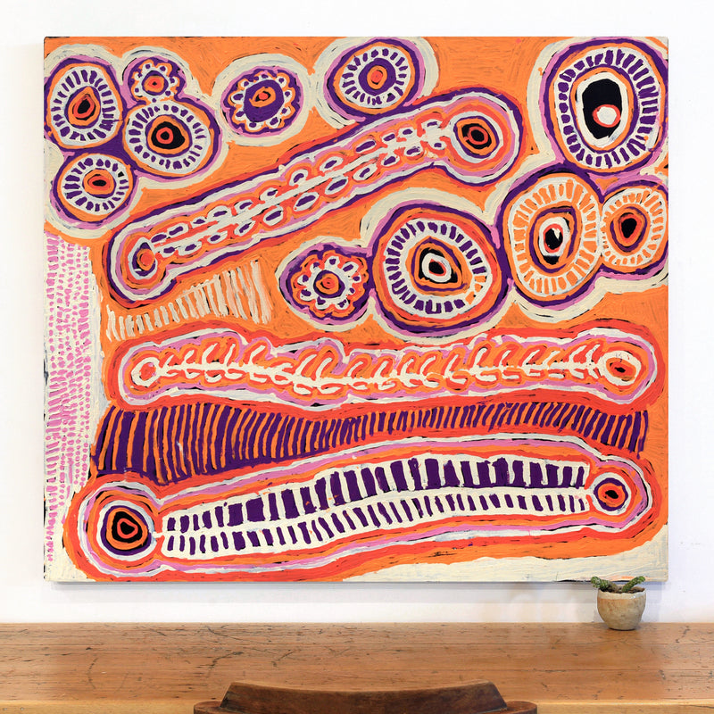 Aboriginal Artwork by Murdie Nampijinpa Morris, Malikijarra Jukurrpa, 122x107cm