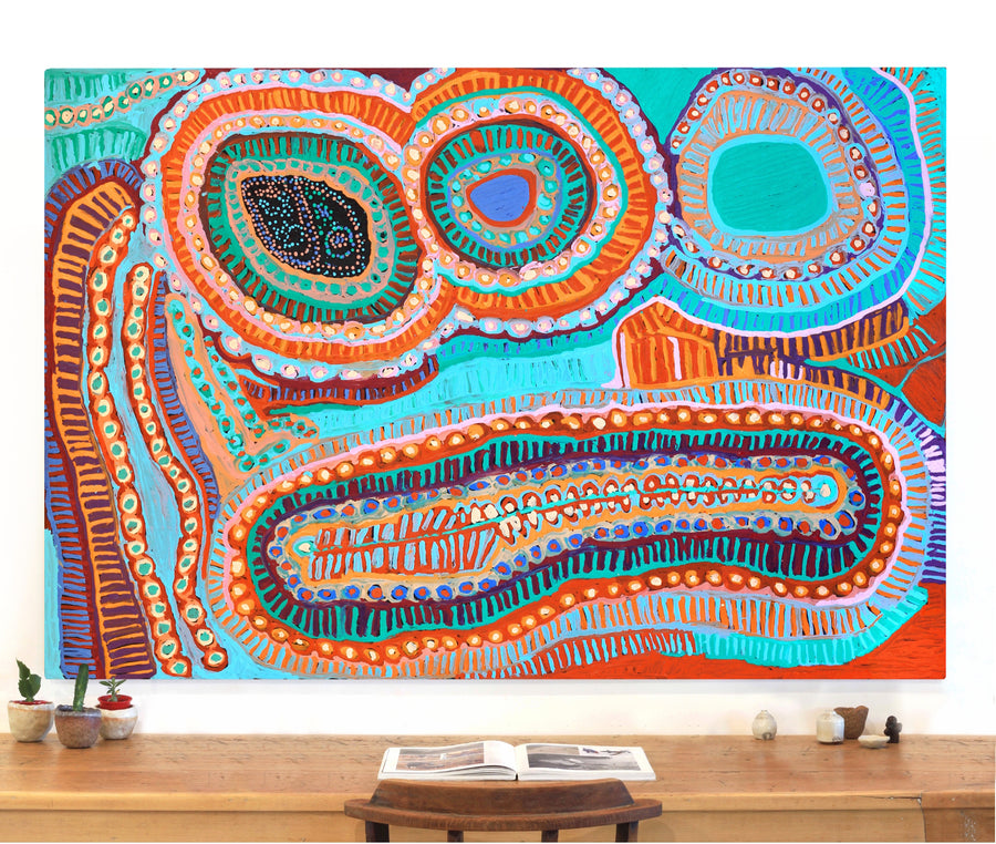 Aboriginal Artwork by Murdie Nampijinpa Morris, Malikijarra Jukurrpa, 182x122cm