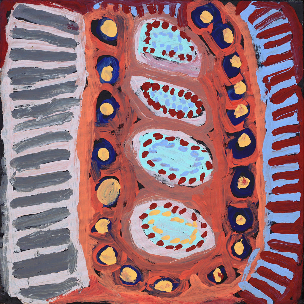 Aboriginal Artwork by Murdie Nampijinpa Morris, Malikijarra Jukurrpa, 30x30cm