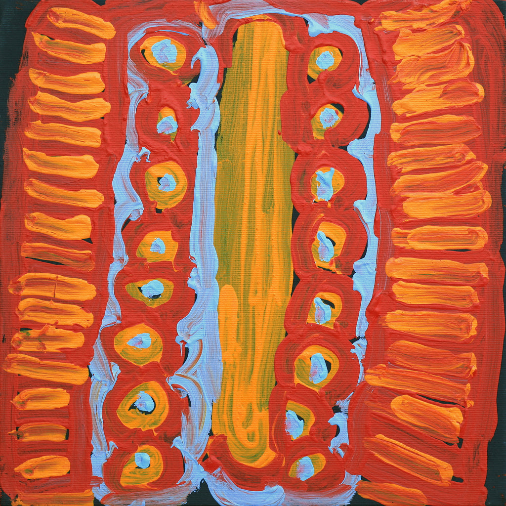 Aboriginal Artwork by Murdie Nampijinpa Morris, Malikijarra Jukurrpa, 30x30cm