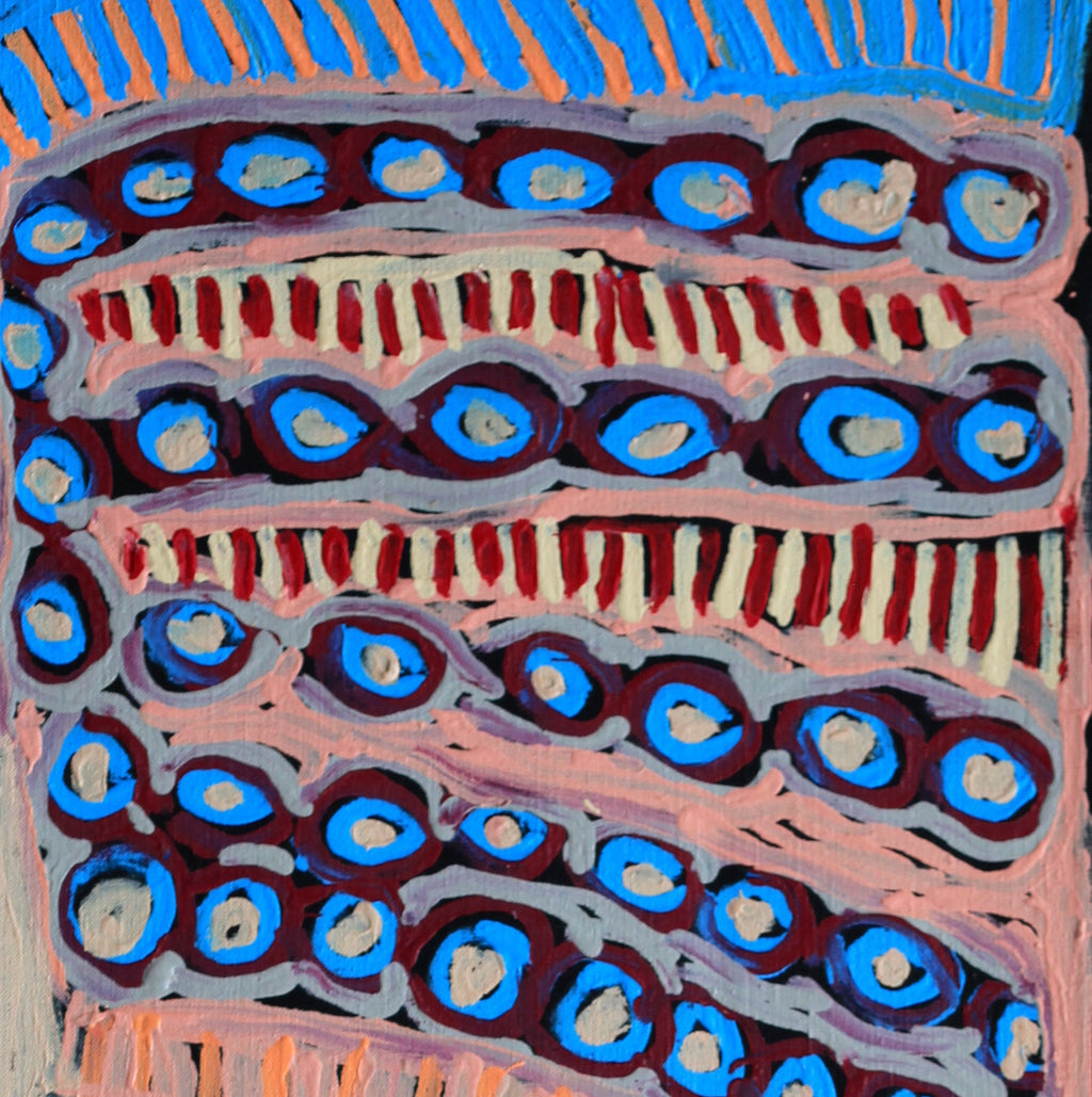 Aboriginal Artwork by Murdie Nampijinpa Morris, Malikijarra Jukurrpa, 107x30cm