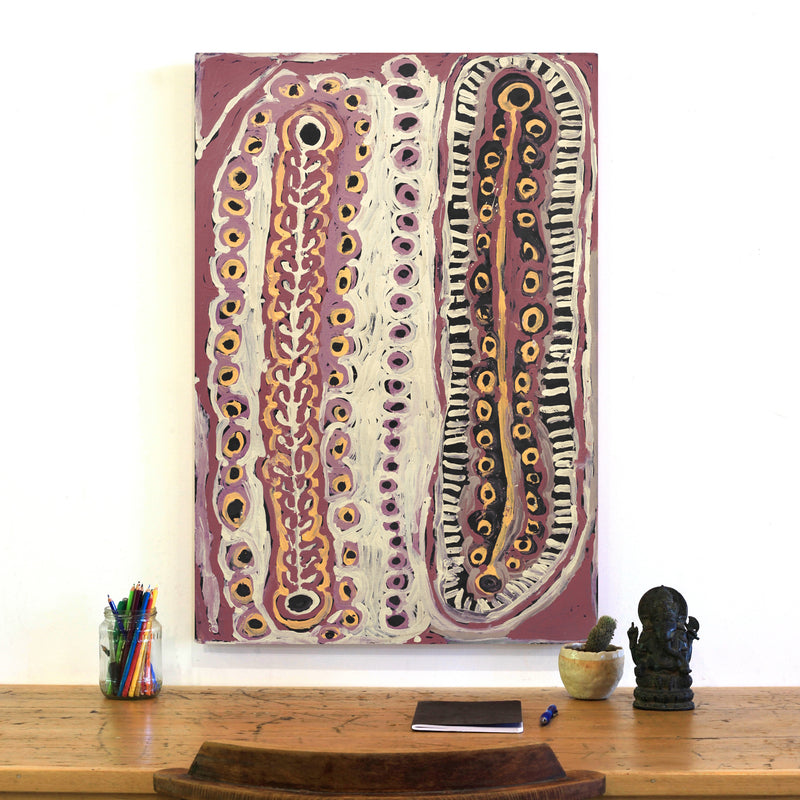Aboriginal Artwork by Murdie Nampijinpa Morris, Malikijarra Jukurrpa, 91x61cm