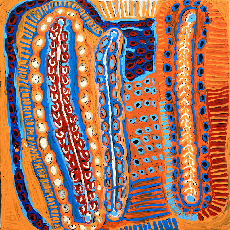 Aboriginal Artwork by Murdie Nampijinpa Morris, Malikijarra Jukurrpa, 91x91cm