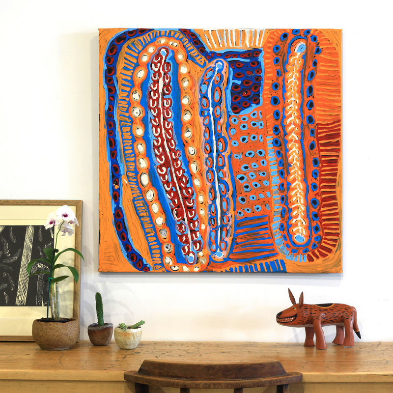 Aboriginal Artwork by Murdie Nampijinpa Morris, Malikijarra Jukurrpa, 91x91cm