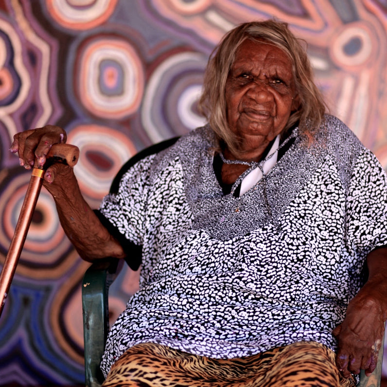 Aboriginal Artwork by Nancy Napanangka Gibson, Mina Mina Jukurrpa - Janyinki, 30x30cm