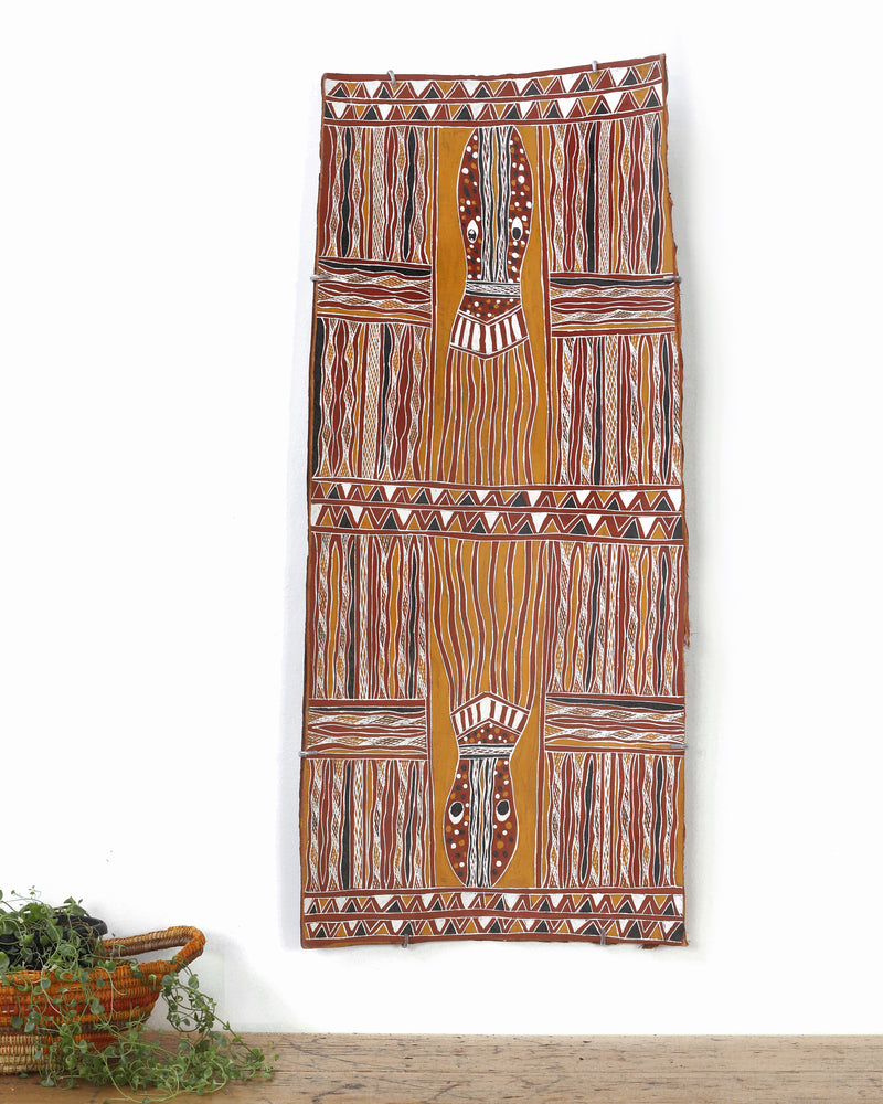Aboriginal Artwork by Ŋoŋu Ganambarr, Limin, 95x41cm Bark