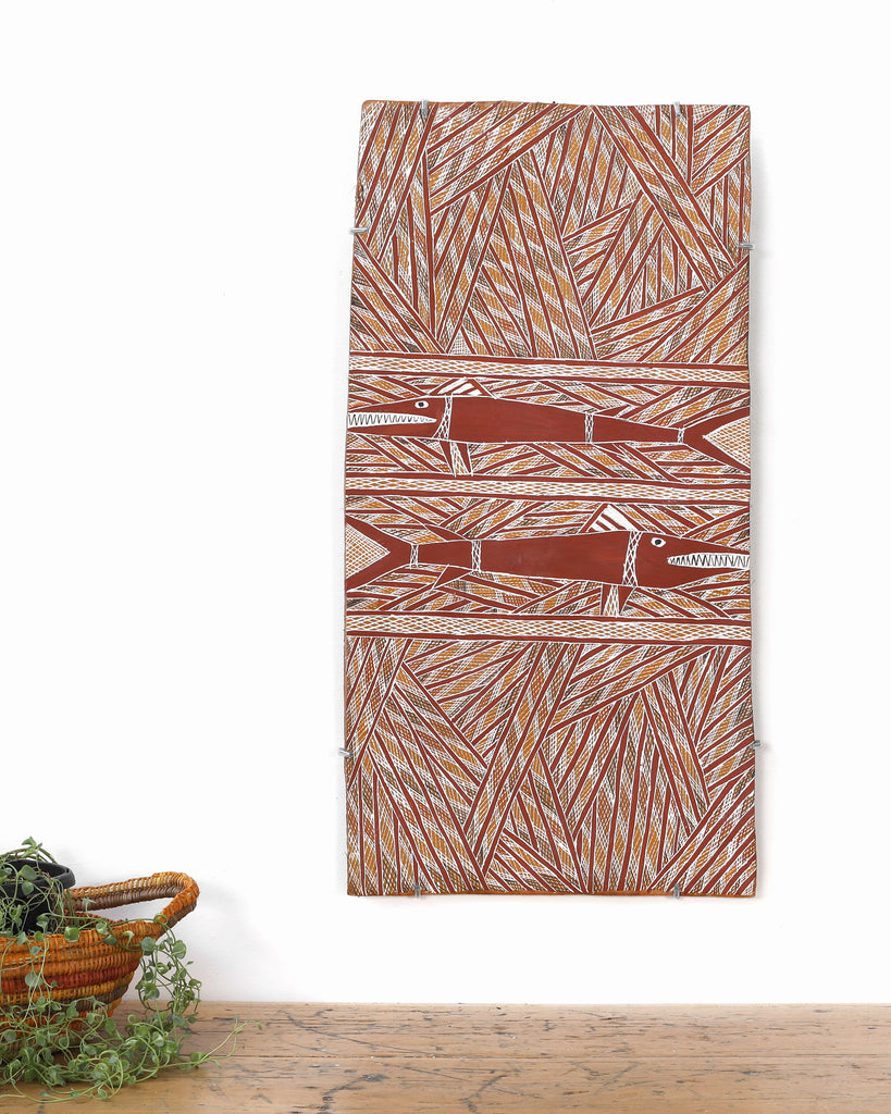 Aboriginal Artwork by Ŋoŋu Ganambarr, Warrukay, 70x36cm Bark - ART ARK®