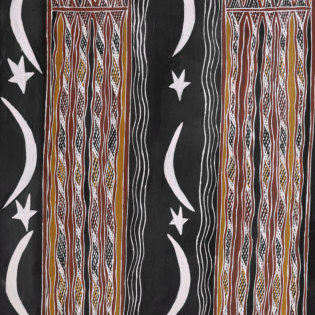Aboriginal Artwork by Ŋoŋu Ganambarr, Wirrmu ga Djurrpun, 158x45cm Bark