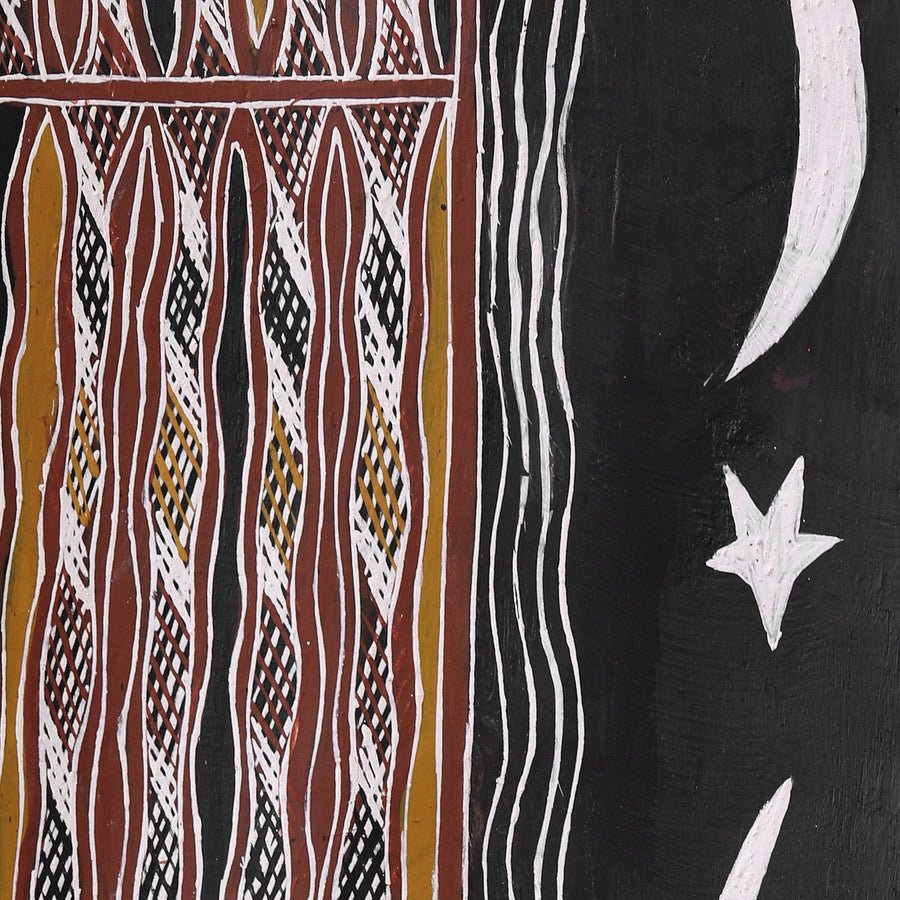 Aboriginal Artwork by Ŋoŋu Ganambarr, Wirrmu ga Djurrpun, 158x45cm Bark