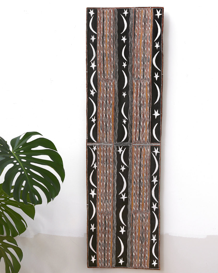 Aboriginal Artwork by Ŋoŋu Ganambarr, Wirrmu ga Djurrpun, 158x45cm Bark