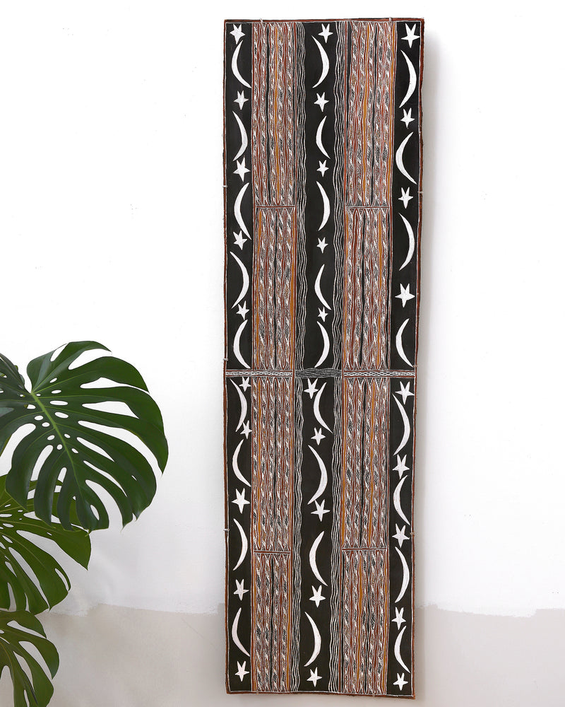 Aboriginal Artwork by Ŋoŋu Ganambarr, Wirrmu ga Djurrpun, 158x45cm Bark