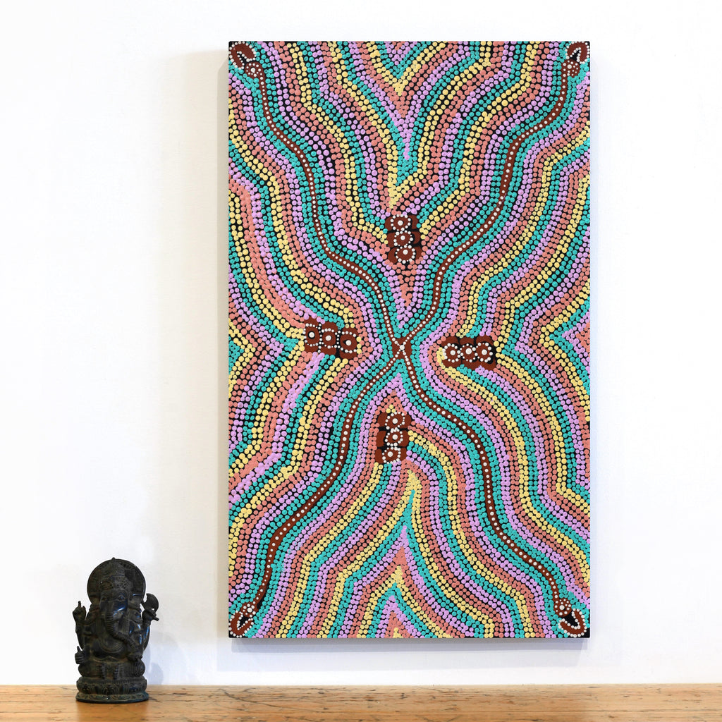 Aboriginal Artwork by Narelle Nangala Brown, Watiya-warnu Jukurrpa (Seed Dreaming), 76x46cm