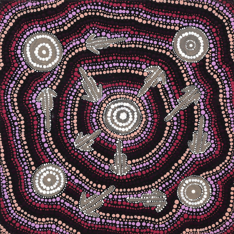 Aboriginal Artwork by Narelle Nakamarra Nelson, Marlu Jukurrpa (Red Kangaroo Dreaming) Yarnardilyi & Jurnti, 30x30cm