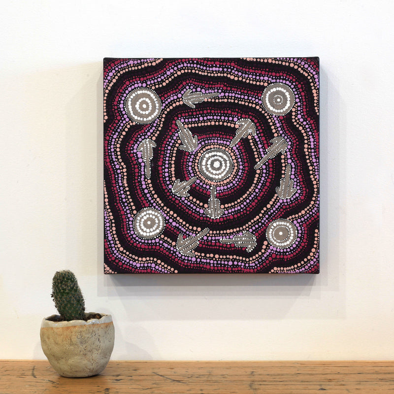 Aboriginal Artwork by Narelle Nakamarra Nelson, Marlu Jukurrpa (Red Kangaroo Dreaming) Yarnardilyi & Jurnti, 30x30cm