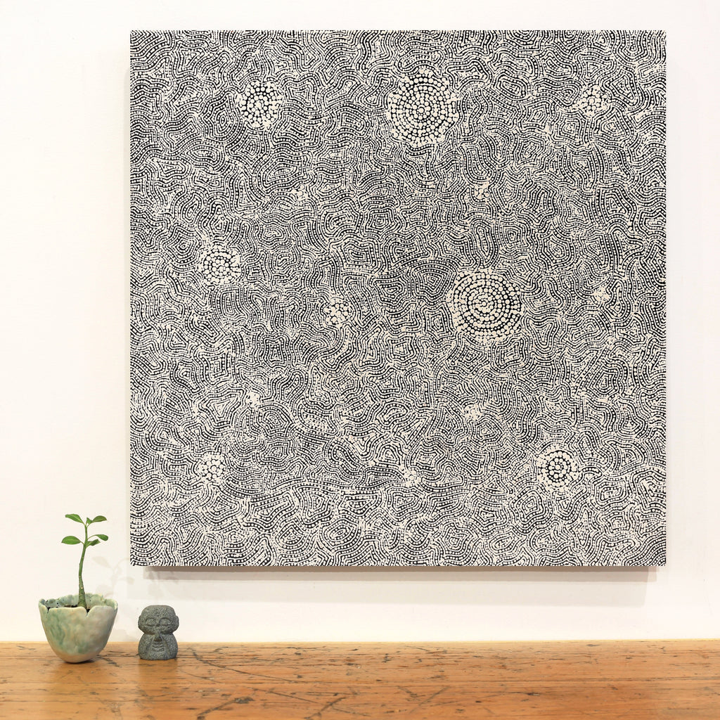 Aboriginal Artwork by Nathania Nangala Granites, Warlukurlangu Jukurrpa (Fire country Dreaming), 61x61cm