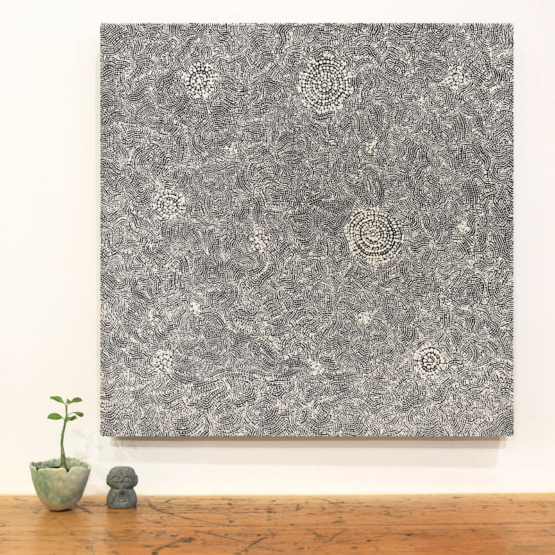 Aboriginal Artwork by Nathania Nangala Granites, Warlukurlangu Jukurrpa (Fire country Dreaming), 61x61cm