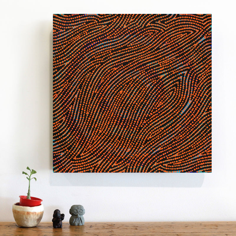 Aboriginal Artwork by Nathania Nangala Granites, Warlukurlangu Jukurrpa (Fire country Dreaming), 46x46cm