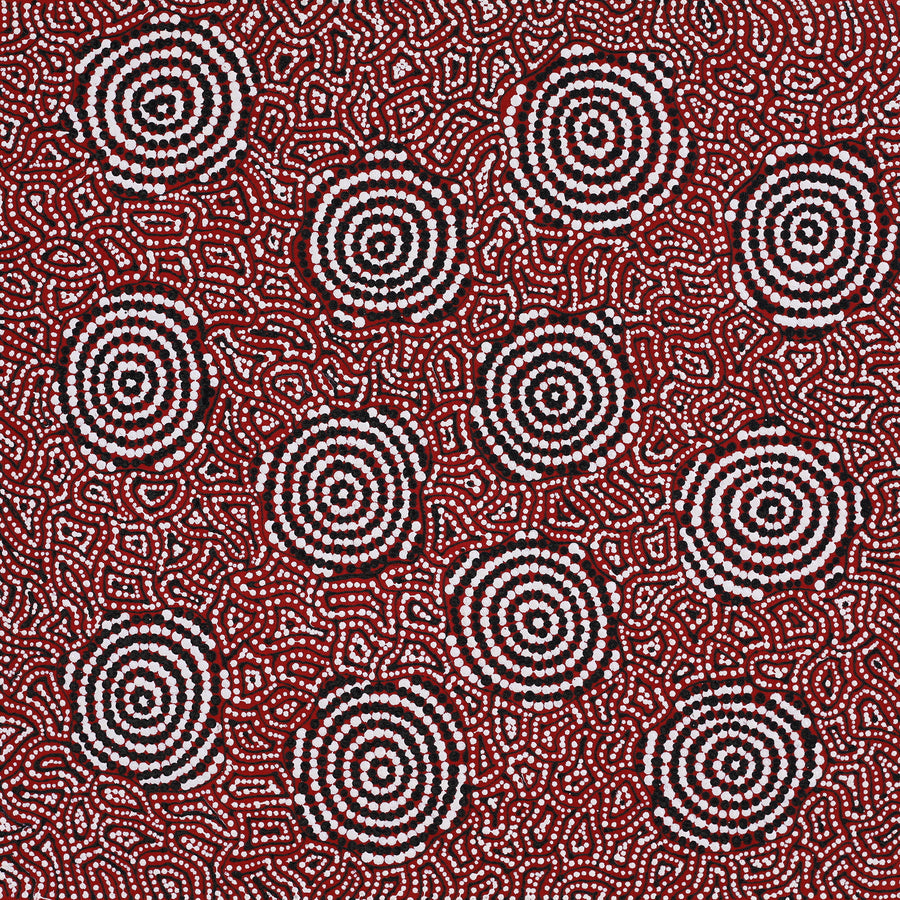 Aboriginal Artwork by Nathania Nangala Granites, Warlukurlangu Jukurrpa (Fire country Dreaming), 46x46cm