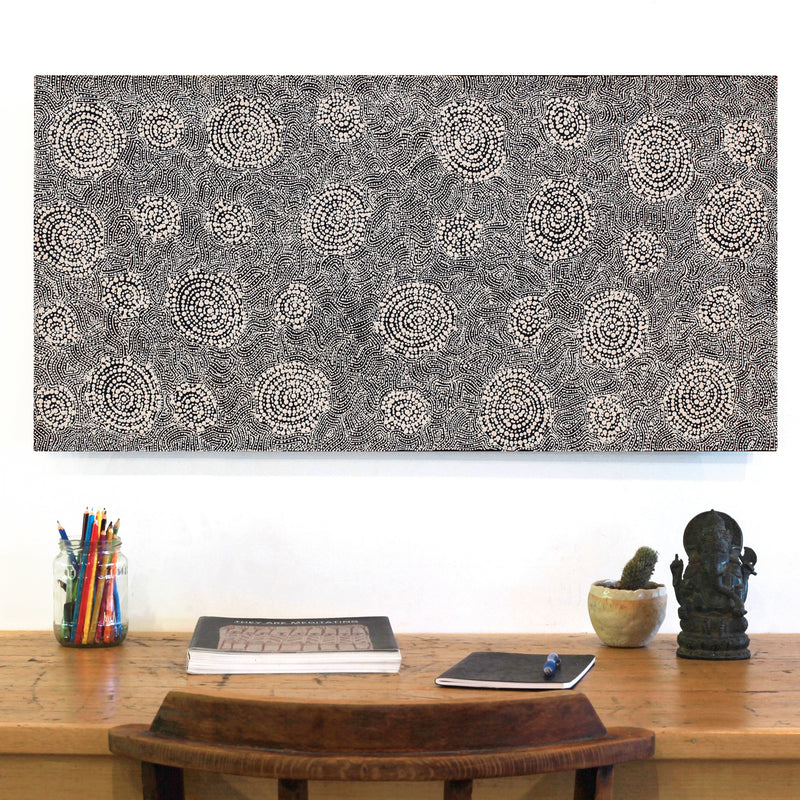 Aboriginal Artwork by Nathania Nangala Granites, Warlukurlangu Jukurrpa (Fire country Dreaming), 91x46cm