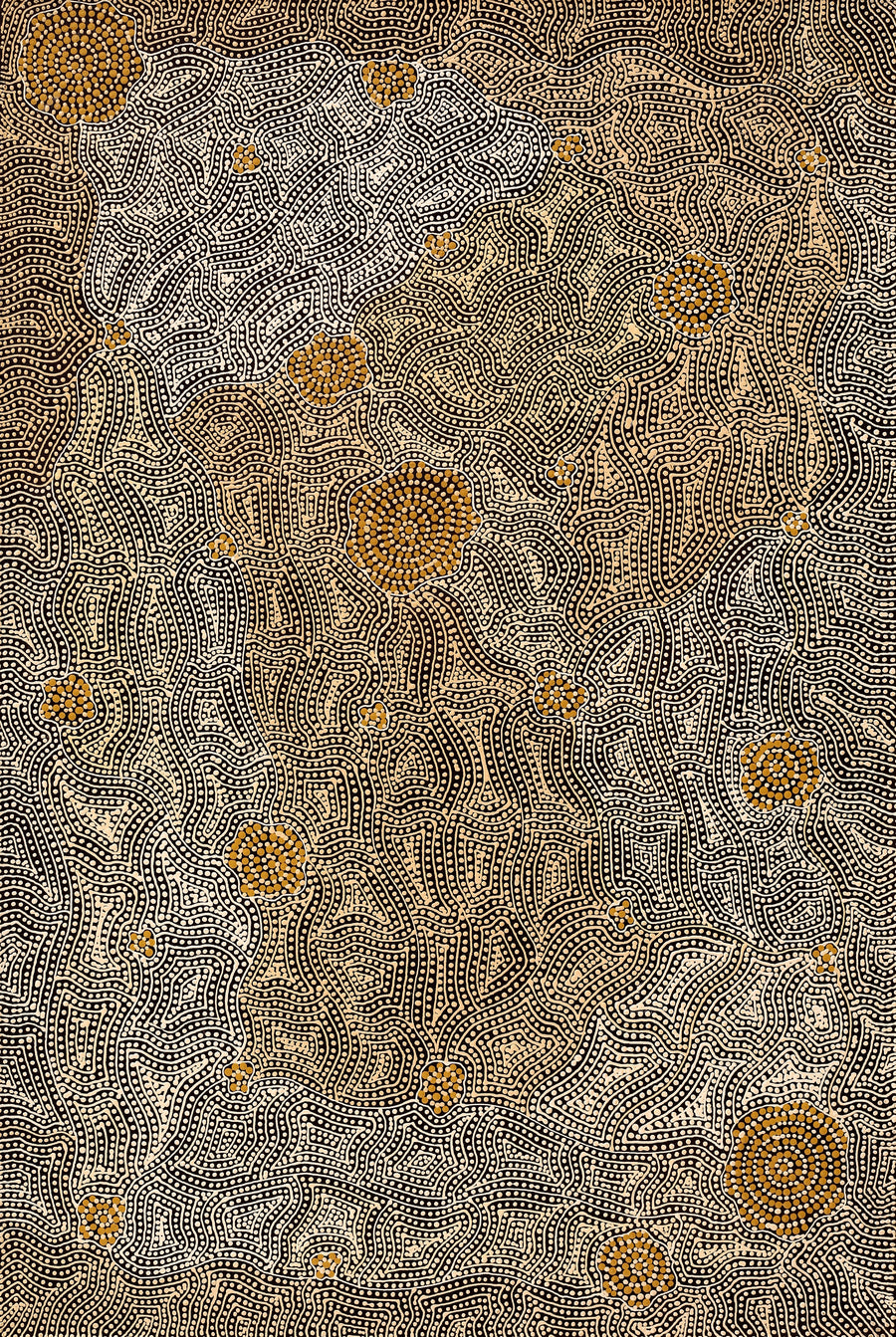 Aboriginal Artwork by Nathania Nangala Granites, Warlukurlangu Jukurrpa (Fire country Dreaming), 91x61cm