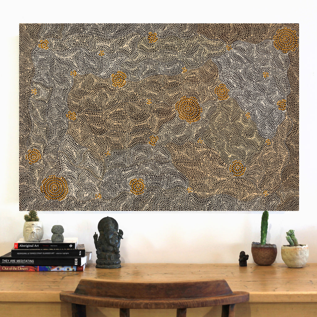Aboriginal Artwork by Nathania Nangala Granites, Warlukurlangu Jukurrpa (Fire country Dreaming), 91x61cm