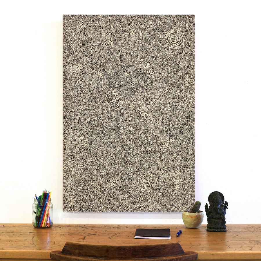 Aboriginal Artwork by Nathania Nangala Granites, Warlukurlangu Jukurrpa (Fire country Dreaming), 91x61cm