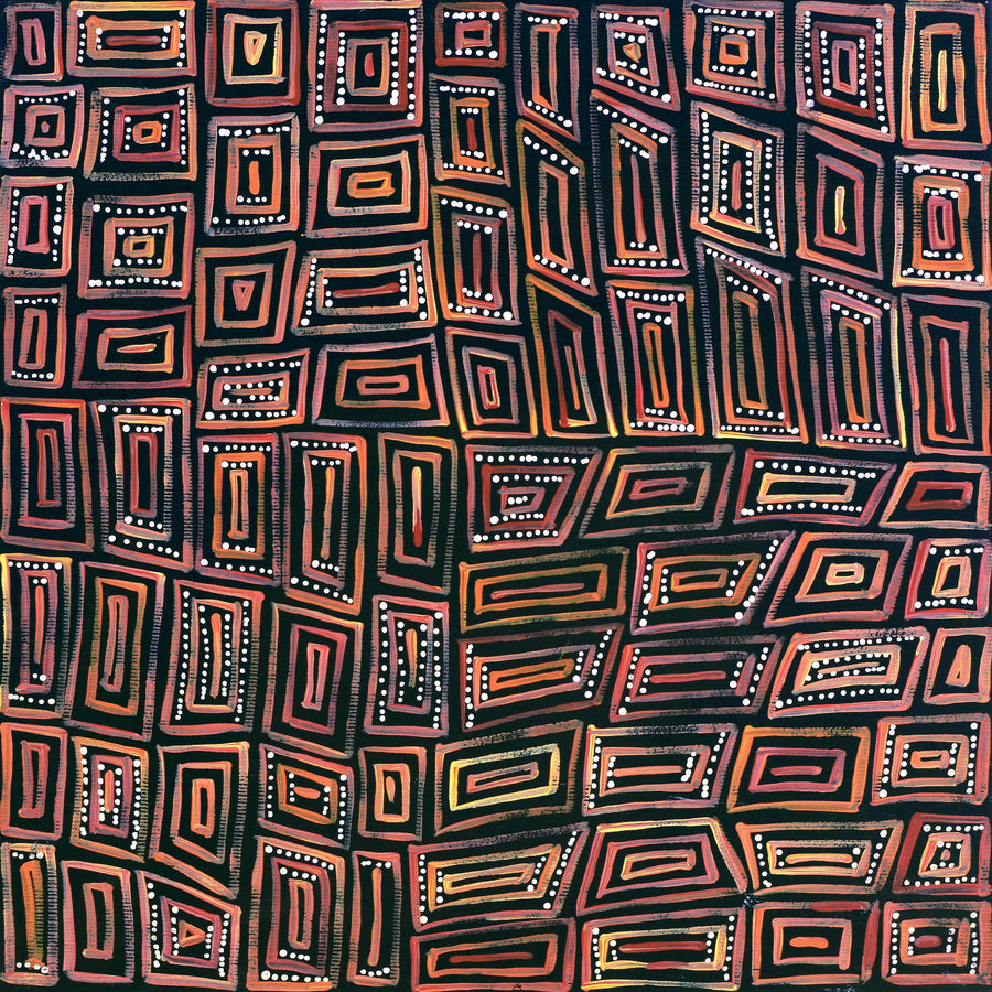 Aboriginal Artwork by Nathania Nangala Granites, Warlukurlangu Jukurrpa (Fire country Dreaming), 30x30cm