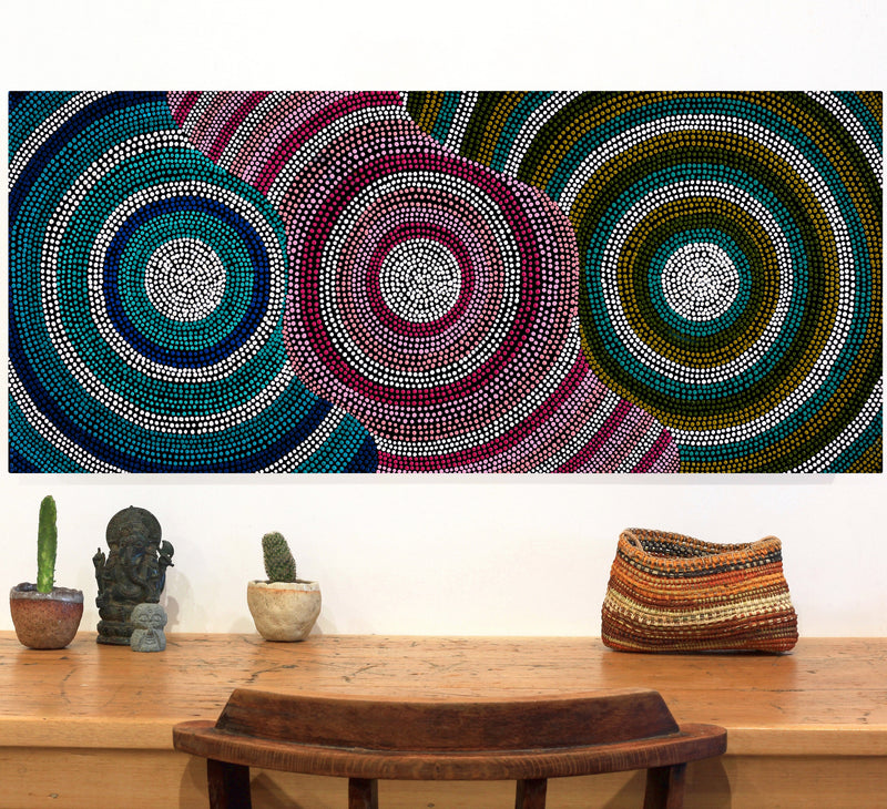 Aboriginal Artwork by Nariva Moketarinja, Walka Wiru Ngura Wiru, 107x46cm