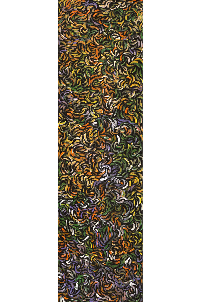 Aboriginal Artwork by Nola Napangardi Fisher, Purrpalanji (Skinny Bush Banana) Jukurrpa, 107x30cm