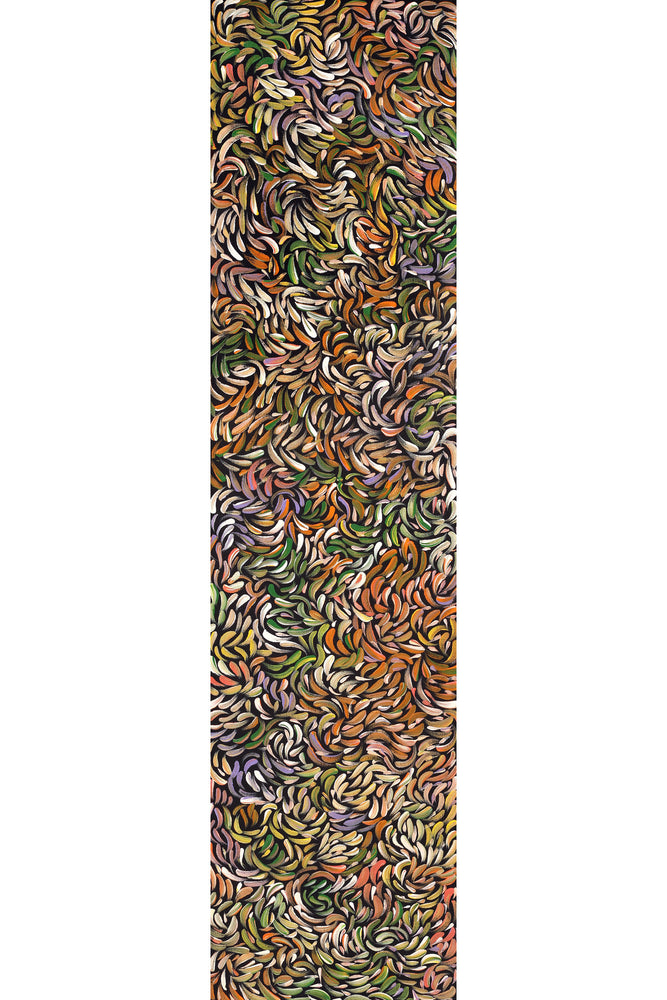Aboriginal Artwork by Nola Napangardi Fisher, Purrpalanji (Skinny Bush Banana) Jukurrpa, 122x30cm