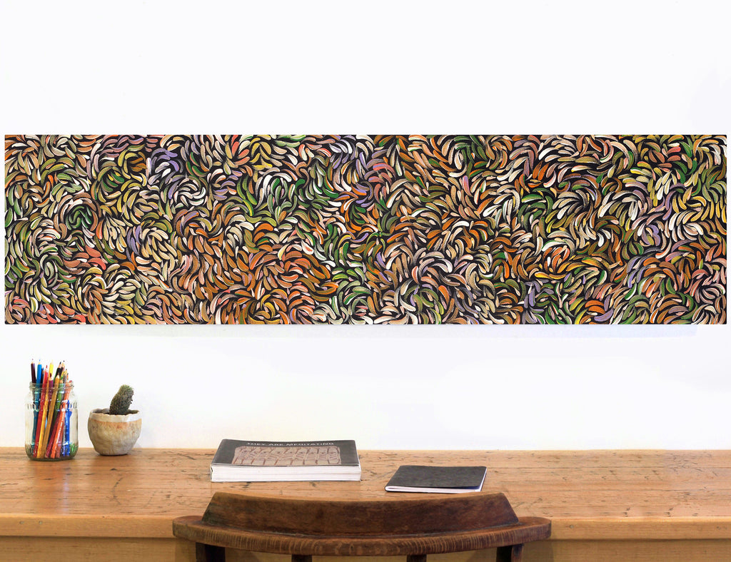 Aboriginal Artwork by Nola Napangardi Fisher, Purrpalanji (Skinny Bush Banana) Jukurrpa, 122x30cm