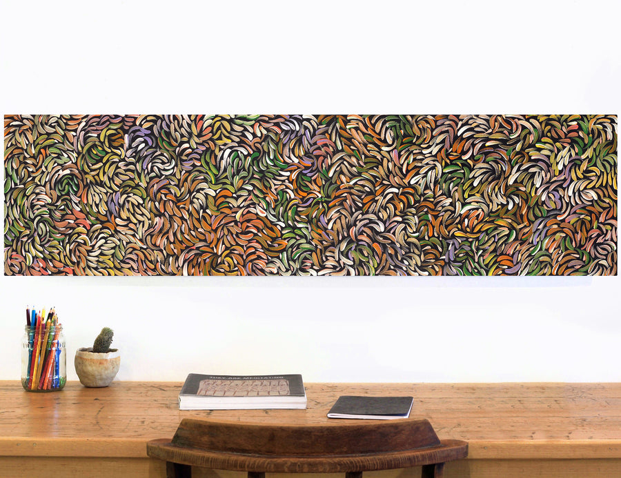 Aboriginal Artwork by Nola Napangardi Fisher, Purrpalanji (Skinny Bush Banana) Jukurrpa, 122x30cm