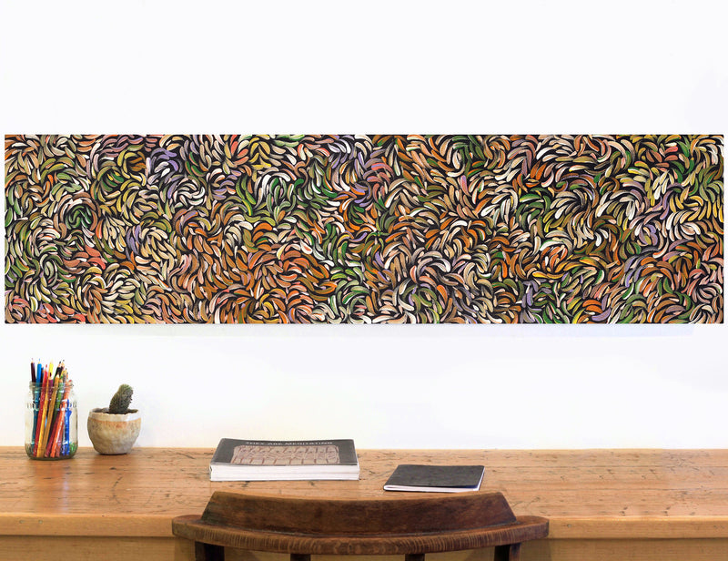 Aboriginal Artwork by Nola Napangardi Fisher, Purrpalanji (Skinny Bush Banana) Jukurrpa, 122x30cm